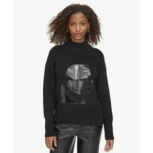 Karl Lagerfeld Paris Womens Black Mock-Neck Sweater W/ Metallic Karl Icon Graphi